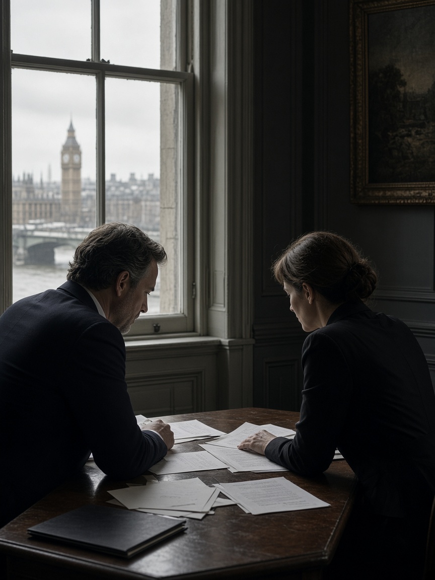 Two colleagues reviewing papers in a quiet London meeting room
